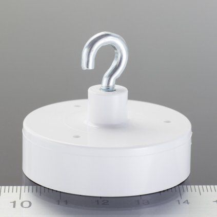 Ferrite pot magnet with hook, diameter 43 mm and pull-off force 120 N