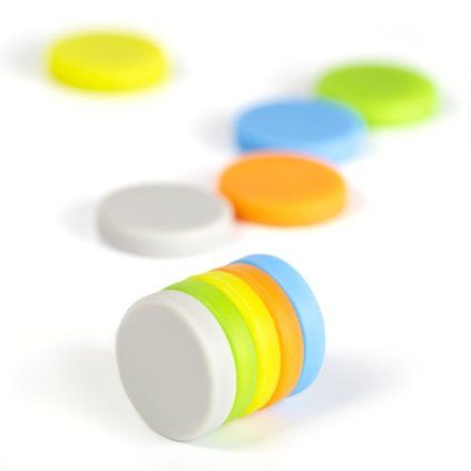 Set of ten coloured neodymium magnets in silicone cases