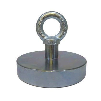 Fishing magnet with eye, diameter 100 mm and stated magnetic force of 530 kg