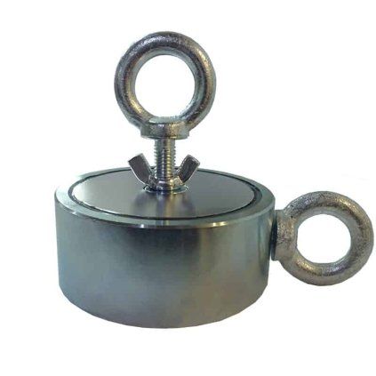 Double-sided neodymium fishing magnet with a diameter of 100 mm and stated force of 2 × 500 kg