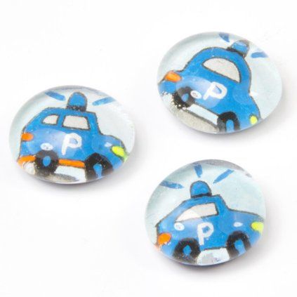 Three glass fridge magnets with a blue police car design